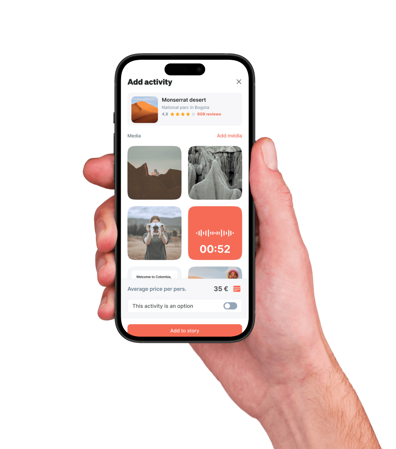 Écran d'ajout d'activité dans l'application TravelTribe